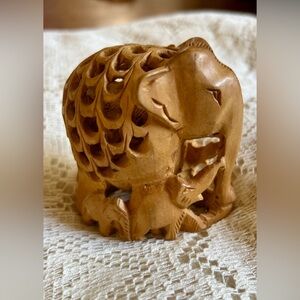 Hand-Carved Wooden Elephant Figurine in Natural Brown